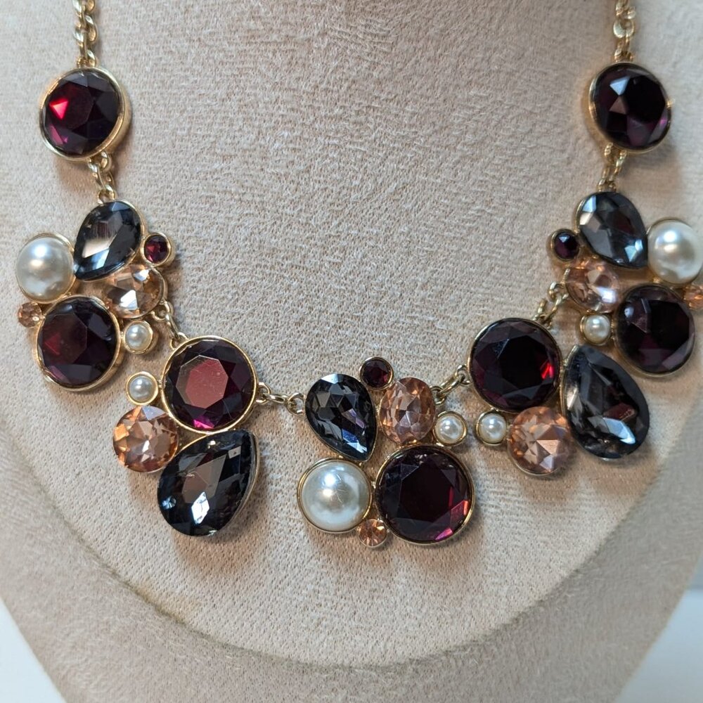 Gorgeous Gold Tone Rhinestone Faux Pearl Choker Necklace Burgundy Gray Peach - Picture 10 of 10